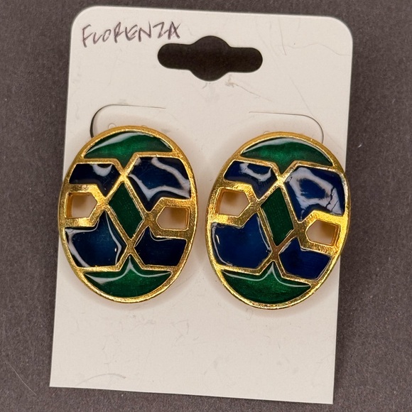 VTG Florenza Geometric Enamel Clip-On Earrings Oval Blue Green Gold 70s Jewelry - Picture 6 of 7